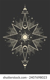 Magical poster with star and moon, boho illustration. Vector hand drawing