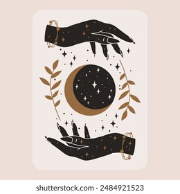 Magical poster with stars and herbs. Stars, moon, hands. Hand drawn astrology symbol. For print for T-shirts and bags, decor element.