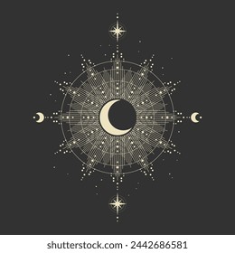 Magical poster with stars and moon, boho illustration. Alchemy esoteric magic space.