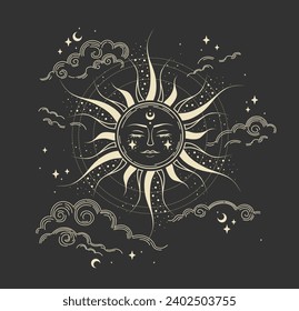 Afiche mágico del sol con cara, boho ilustración. Dibujo manual del vector