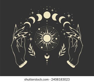 Magical poster with woman hands, stars and moon, boho illustration. Vector hand drawing