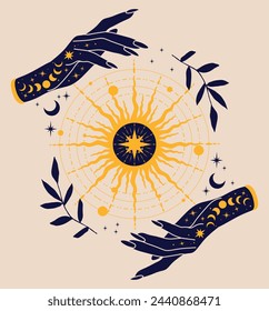 Magical poster with woman hands, stars and sun, boho illustration. Vector hand drawing