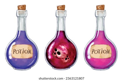 Magical potion bottles watercolor vector set. witch potions 