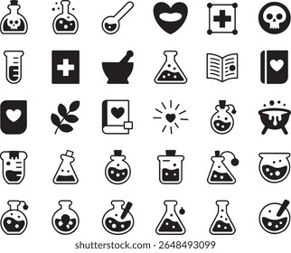 Magical Potion Ingredients and Alchemical Symbols in a Black and White Vector Illustration