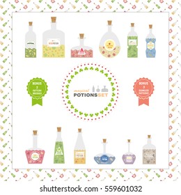 Magical potion set. Collection of colorful bottle with potion. Set includes two seamless pattern and two brushes.
