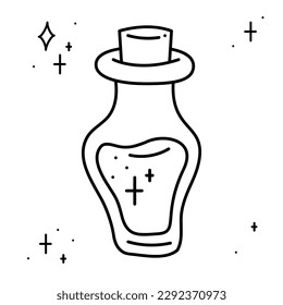 A magical potion in an unusually shaped vial. Doodle vector illustration, clipart.