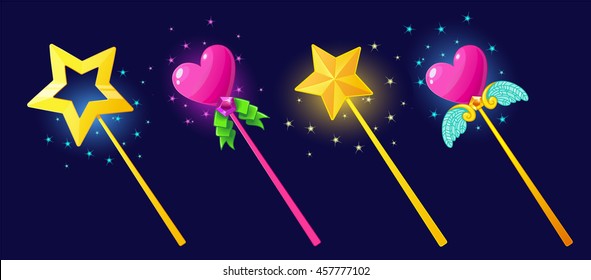 The magical power of a magic wand,  tricks, wishes and witchcraft. Vector illustration.Set isolated on a dark background.Game icon.Design for app user interface and score display.