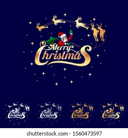 A magical and premium vector illustration for Merry Christmas. The design features a cheerful Santa Claus in his sleigh, pulled by a team of golden reindeer flying across a starry midnight blue sky. Centered around a bold, golden script Merry Christmas typography, this elegant graphic set includes multiple color variations. It is ideal for luxury holiday greeting cards, festive event branding, seasonal social media promotions, and high-end retail packaging.