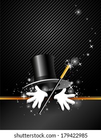 magical presentation with top hat, magic wand and hand