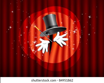 magical presentation with top hat, magic wand and hand