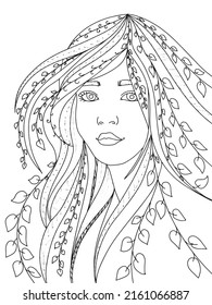 magical princess elf with long hair in foliage and branches coloring book for children and adults