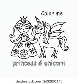 Magical Princess Unicorn and Fairy Coloring Page Floral Dress and Crown Fantasy Scene