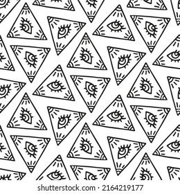 Magical print with divine gaze. Eyes in a pyramid for an esoteric seamless pattern. Black and white witch sketch. Witchcraft texture for souvenirs and charms from the evil eye. Vector illustration.
