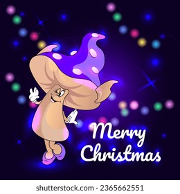 A magical purple mushroom smiling sweetly and raising its hands to its face. Happy New Year, Merry Christmas.