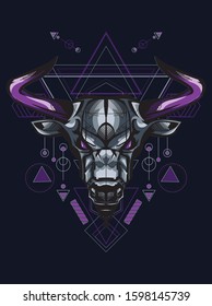 Magical purple taurus illustration with sacred geometry pattern