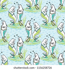 Magical Purrmaids Fantasy Vector Pattern, Seamless Water Background , Seaweed Bubbles Kitten Cat Mermaids, Kids Fashion, Summer Beach Apparel, Childrens Cartoon Underwater Aqua Character Illustration 