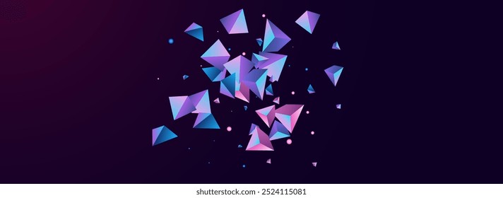 Magical Pyramid Vector Panoramic Dark Violet Background. Rainbow Abstract Shapes Presentation. Holographic Modern Elements Banner. Cosmic Jewel Scattered Design.