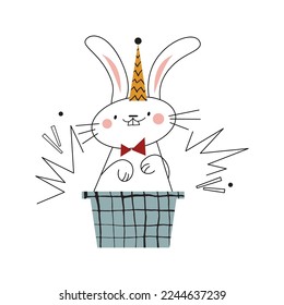 Magical rabbit in hat on white background. Circus symbol of magic, illusions, wizard. Hand drawn magic top hat with cute bunny. Cartoon vector illustration for party, celebration invitation, card