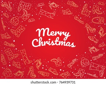 Magical red background with big place for title Merry Christmas. Traditional gold color with snow dots. Shopping theme illustration of modern polygonal shoes,bags.For greeting cards,etiquettes,banners