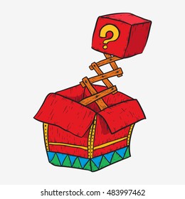 a magical red box or classic surprise toy with mystery box hang on spring