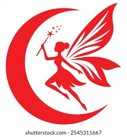 A silhueta vermelha mágica das fadas está voando graciosamente na frente de uma lua crescente, com estrelas emanando da varinha estelar, adicionando um toque caprichoso.