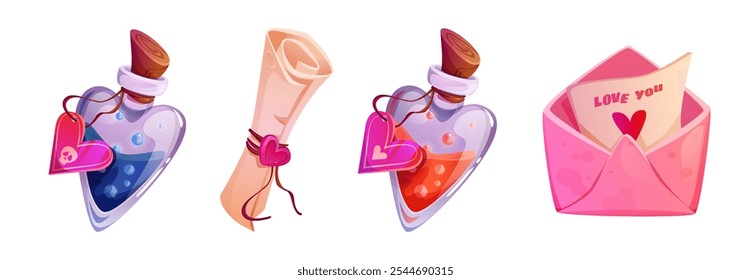 Conjunto de artículos románticos mágicos: botellas de poción en forma de corazón llenas de líquido, rollo de pergamino sellado atado con cinta, sobre rosa con mensaje de amor en la tarjeta. Diseños de San Valentín o Elementos de juego.