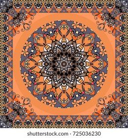 Magical round abstract floral pattern and beautiful ornamental frame on orange background. Indian, arabic, moroccan, turkish motives.