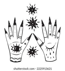 Magical sacral illustration of witch hands. Magic third eye. Graphic esoteric sketch tarot element