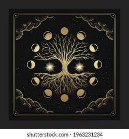 Magical sacred tree in moon phase decoration with engraving, hand drawn, luxury, celestial, esoteric, boho style, fit for spiritualist, religious, paranormal, tarot reader, astrologer or tattoo 