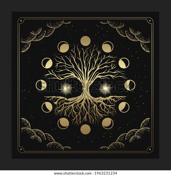 Magical sacred tree in moon phase decoration with\
engraving, hand drawn, luxury, celestial, esoteric, boho style, fit\
for spiritualist, religious, paranormal, tarot reader, astrologer\
or tattoo 