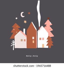 Magical Scandinavian Christmas starry night vector illustration. Whimsy holly Xmas tree hygge house modern abstract festive card. Seasonal winter holidays geometric shape graphic design