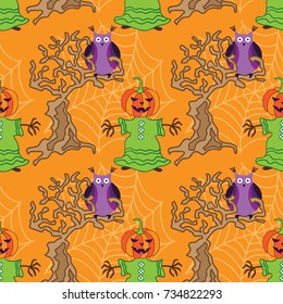 Magical Scarecrow with a pumpkin on his head and an owl sitting on a tree. Seamless pattern for Halloween party. Hand drawn doodle pumpkin. Funny and cute halloween symbol. 