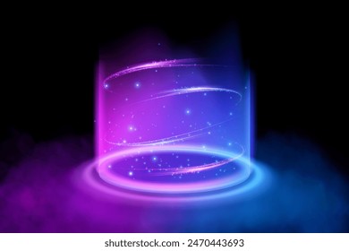 Magical sci-fi portal shrouded in haze. Round light frame, futuristic teleporter. light effect. Neon lights illuminate night scene with glitter on black background. Light effect of an empty podium	