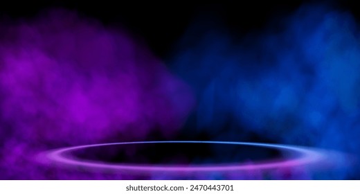 Magical sci-fi portal shrouded in haze. Round light frame, futuristic teleporter. light effect. Neon lights illuminate night scene with glitter on black background. Light effect of an empty podium	