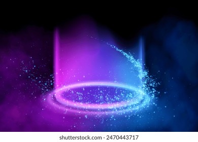 Magical sci-fi portal shrouded in haze. Round light frame, futuristic teleporter. light effect. Neon lights illuminate night scene with glitter on black background. Light effect of an empty podium	