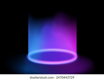Magical sci-fi portal shrouded in haze. Round light frame, futuristic teleporter. light effect. Neon lights illuminate night scene with glitter on black background. Light effect of an empty podium	