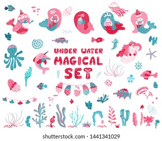 Magical sea world - little mermaid, unicorn, narwhal, fishes,  jellyfish, sea animals and starfish in scandinavian style. Vector collection in cartoon style. Under the sea  illustration.