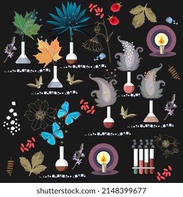 Magical seamless alchemical pattern on a black background. A beautiful chemical dish in which chemical reactions take place and living matter is synthesized - leaves, butterflies. Print for fabric.