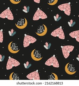 Magical seamless pattern with butterflies,  moon, amethyst and stars. Mystical esoteric background for fabric design, packaging, astrology, divination, phone case, wrapping paper.