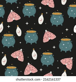 Magical seamless pattern with butterfly, , bottle, moon, cauldron and stars. Mystical esoteric background for fabric design, packaging, astrology, divination, phone case, wrapping paper. Vector