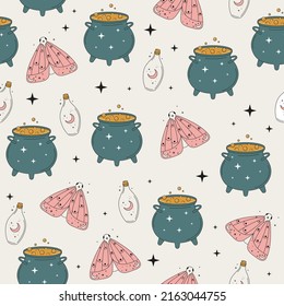 Patrón mágico sin fisuras con mariposa, botella, luna, caldero y estrellas. Fondo esotérico místico para el diseño de tejidos, embalaje, astrología, adivinación, estuche de teléfono, papel de envoltura. Vector