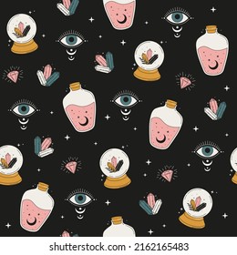 Magical seamless pattern with crystal ball,  bottle, eye, crystal, diamond and stars. Mystical esoteric background for fabric design, packaging, astrology, divination, phone case, wrapping paper.
