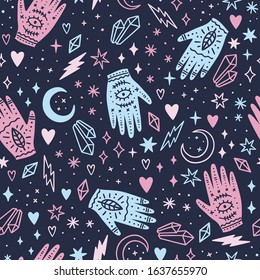 Magical seamless pattern. Crystals, hands, all seeing eye. Vector illustration