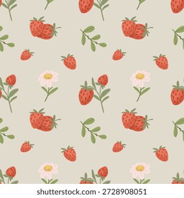Magical seamless pattern with cute little garden fairies, strawberries and ladybugs.