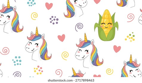 Patrón mágico sin fisuras con lindos unicornios melenas de arco iris y personajes de maíz sonrientes rodeados de corazones y remolinos en blanco.