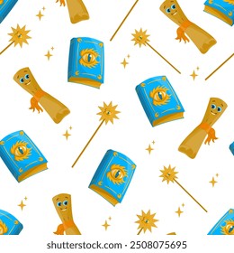 A magical seamless pattern depicting magical objects an ancient book