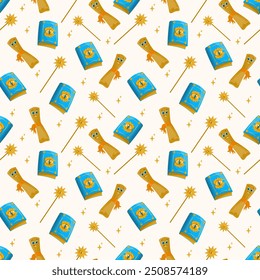 A magical seamless pattern depicting magical objects an ancient book