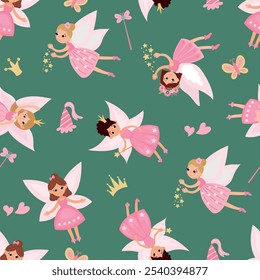 Magisches nahtloses Muster mit Feen. Design für Stoff, Textil, Tapete, Verpackung, Kinderzimmer.	