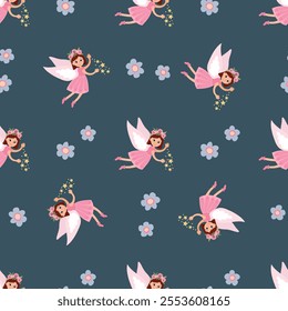 Magical Seamless Pattern with Fairies. Design for fabric, textile, wallpaper, packaging, nursery