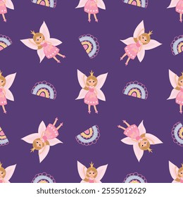 Magical Seamless Pattern with Fairies. Design for fabric, textile, wallpaper, packaging, nursery.	